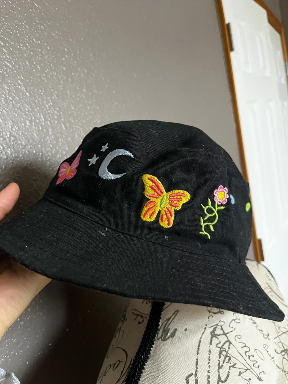 Women’s Embroidered Butterfly & Moon Black Bucket Hat - Picture 2 of 4